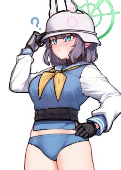 Rule 34 | 1girl, absurdres, animal ears, blue archive, blue panties, blush, breasts, combat helmet, commentary request, green halo, halo, helmet, highres, jonasmk, large breasts, long sleeves, looking at viewer, no pants, open mouth, panties, purple hair, saki (blue archive), short hair, simple background, solo, underwear, white background, white helmet