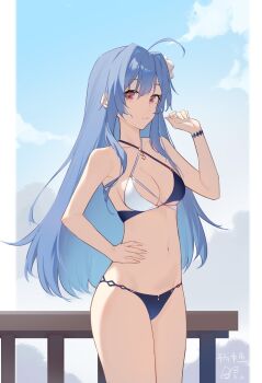 1girl ahoge azur_lane bikini black_bikini blue_hair border breasts chinese_commentary cloud cloudy_sky commentary_request cowboy_shot criss-cross_halter dated fingerless_gloves flower gloves hair_flower hair_ornament halterneck hand_on_own_hip hand_up helena_(azur_lane) helena_(shimmering_triangle_wave)_(azur_lane) highres long_hair looking_at_viewer medium_breasts multicolored_bikini multicolored_swimsuit navel official_alternate_costume pillarboxed ping_zhong_yu purple_eyes railing signature sky solo standing stomach swimsuit two-tone_bikini white_bikini white_border white_flower wooden_railing wristband