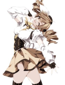 ahoge arched_back arm_garter arm_warmers armband black_flower black_gloves black_hat black_thighhighs black_trim bow breasts brown_corset collared_shirt corset cowboy_shot eyelashes fingerless_gloves flower gloves hair_flower hair_ornament hat hat_feather highres large_breasts looking_at_viewer magical_girl mahou_shoujo_madoka_magica mahou_shoujo_madoka_magica_(anime) misteor one_eye_closed open_mouth outstretched_arm parted_bangs pleated_skirt puffy_short_sleeves puffy_sleeves ribbon shirt short_sleeves skirt smile striped_clothes striped_thighhighs swept_bangs thick_thighs thighhighs thighs tomoe_mami tomoe_mami_(magical_girl) vertical-striped_clothes vertical-striped_thighhighs waist_bow white_arm_warmers white_bow white_trim yellow_eyes yellow_ribbon yellow_skirt yellow_trim zettai_ryouiki