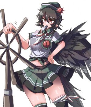 1girl alternate_hair_length alternate_hairstyle bird_wings black_hair black_thighhighs black_wings cosplay eye20806972 green_hat green_skirt hat highres murasa_minamitsu murasa_minamitsu_(cosplay) pointy_ears red_eyes reiuji_utsuho rudder shirt short_hair simple_background skirt solo thighhighs third_eye touhou whistle white_background white_shirt wings