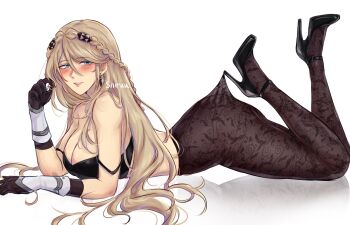 1girl artist_name black_bra black_gloves black_thighhighs blush bra braid breasts brown_hair cleavage commentary crown_braid earrings eiyuu_densetsu elaine_auclair embarrassed english_commentary glint gloves green_eyes hair_between_eyes high_heels highres jewelry kuro_no_kiseki_(series) lace lace_thighhighs large_breasts long_hair lying on_stomach parted_bangs parted_lips reflection shiruuruu simple_background single_braid single_earring solo thighhighs underwear white_background