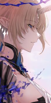 1girl absurdres blonde_hair blue_eyes breasts close-up commentary_request crown_of_thorns fleurdelys_(wuthering_waves) from_side half-closed_eyes highres large_breasts looking_ahead parted_lips pointy_ears portrait profile scene_reference shunse solo tacet_mark_(wuthering_waves) wuthering_waves
