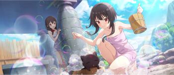 2girls =_= bare_legs bare_shoulders barefoot bathing black_cat blush breasts brown_hair bucket cat chomusuke cleavage closed_mouth cloud collarbone day diffraction_spikes dutch_angle hair_between_eyes highres holding katateoke kono_subarashii_sekai_ni_shukufuku_wo! legs_folded long_hair looking_at_another medium_breasts megumin multiple_girls naked_towel official_art on_one_knee open_mouth outdoors red_eyes relaxing short_hair short_hair_with_long_locks sky small_breasts smile smug soap_bubbles squatting standing sunlight thighs third-party_source towel tree triangle_mouth v-shaped_eyebrows wet wooden_bucket yunyun_(konosuba)