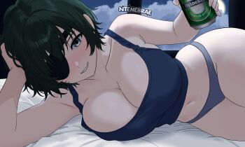 1girl absurdres bare_shoulders beer_can blush breasts can chainsaw_man cleavage drink_can eyepatch green_eyes green_hair highres himeno_(chainsaw_man) large_breasts looking_at_viewer navel ntenebrae self-upload short_hair smile solo