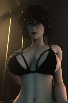 1girl 3d absurdres bare_shoulders bikini bikini_top_only black_bikini blender_(medium) blue_eyes breasts cleavage hand_on_own_chest highres large_breasts looking_at_viewer open_mouth original self-upload short_hair solo swimsuit ttomoko