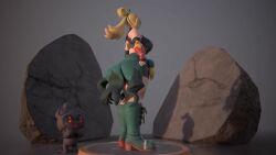 1girl 3d abs animated ass bare_shoulders blonde_hair breasts clenched_hand clenched_hands curvy gen_7_pokemon glowing glowing_eyes highres huge_ass huge_breasts korrina_(pokemon) korrina_(sygna_suit)_(pokemon) large_breasts legendary_pokemon long_hair marshadow midriff muscular muscular_female mythical_pokemon navel nintendo official_alternate_costume pokemon pokemon_(creature) pokemon_masters_ex ponytail shirt signature sky sleeveless sleeveless_shirt solo standing stone tagme thick_thighs thighs usukeninja video wide_hips