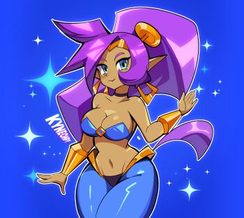 Rule 34 | 1girl, absurdres, arabian clothes, big hair, commission, dark-skinned female, dark skin, earrings, genie, harem pants, highres, hoop earrings, jewelry, kyneonpy, o-ring, o-ring top, pants, pointy ears, pointy shoes, purple hair, shantae, shantae (series), shoes