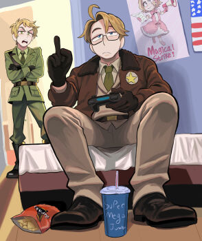 Rule 34 | 2boys, absurdres, ahoge, america (hetalia), axis powers hetalia, bed, belt, black gloves, blonde hair, blue eyes, boots, closed mouth, collared shirt, controller, cup, doritos, dress, fawken, frown, game controller, glasses, gloves, grand theft auto, grand theft auto v, green eyes, green jacket, green necktie, green pants, highres, jacket, jimmy flipping off tracey (meme), long sleeves, male focus, meme, middle finger, military jacket, military uniform, multiple boys, necktie, open mouth, pants, parody, poster (object), semi-rimless eyewear, shirt, short hair, sitting, thick eyebrows, united kingdom (hetalia), white shirt