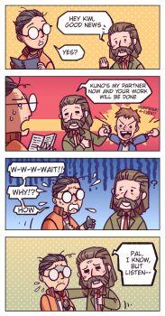 3boys ben-day_dots black_gloves black_hair blazer blue_jacket brown_hair collared_shirt commentary_request cuno disco_elysium english_text facial_hair fingerless_gloves glasses gloves green_jacket hair_slicked_back harry_du_bois jacket kim_kitsuragi multiple_boys mutton_chops necktie red_necktie screentones shirt short_hair wenny02 white_shirt