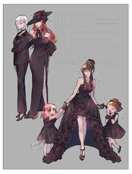 5girls anya_(spy_x_family) artist_name bare_shoulders becky_blackbell black_bow black_choker black_dress black_gloves black_hair black_hat black_jacket black_pants black_scarf black_shoes black_suit border bow breasts brown_hair center_opening child choker closed_eyes closed_mouth commentary_request dress dress_flower fiona_frost flower formal_clothes full_body gloves gold_hairband green_eyes grey_background grey_hair hair_bow hair_bun hair_over_one_eye hairband hairpods hand_on_another's_shoulder hat hat_bow hat_over_one_eye high-low_dress high_heels highres holding_hands jacket light_blush long_dress long_hair looking_at_another mary_janes medium_breasts medium_hair multiple_girls nail_polish off-shoulder_dress off_shoulder open-toe_shoes open_mouth orange_hair pants pendant_choker pink_hair pumps red_nails scarf shoes short_dress short_hair side_slit sidelocks smile sparkle spy_x_family strapless strapless_dress suit suit_jacket sun_hat sylvia_sherwood toenail_polish toenails twitter_username umini_ikukara updo white_border yor_briar