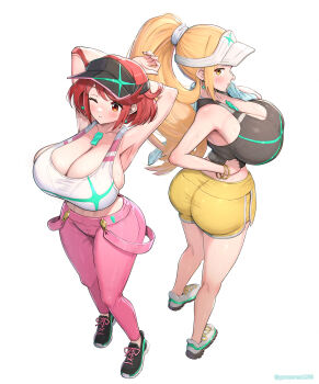 2girls alternate_breast_size_(larger) alternate_costume alternate_hairstyle ass blonde_hair breasts cleavage full_body gonzarez highres huge_ass huge_breasts multiple_girls mythra_(xenoblade) ponytail pyra_(xenoblade) red_eyes red_hair simple_background white_background wide_hips xenoblade_chronicles_(series) xenoblade_chronicles_2 yellow_eyes