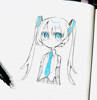 Rule 34 | 137syou, aqua eyes, aqua necktie, aqua ribbon, bare shoulders, black skirt, black sleeves, chibi, collared shirt, detached sleeves, dutch angle, hatching (texture), hatsune miku, highres, linear hatching, long hair, looking at viewer, looking to the side, marker (medium), miku day, millipen (medium), necktie, pen (medium), photoshop (medium), pleated skirt, ribbon, shirt, sketch, skinny, skirt, sleeveless, sleeveless shirt, traditional media, twintails, very long hair, vocaloid