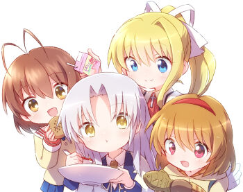4girls absurdres air_(visual_novel) angel_beats! antenna_hair blonde_hair blue_eyes blue_skirt brown_eyes brown_hair chibi chibi_only clannad commentary_request crossover drink_carton eating food furukawa_nagisa hair_ribbon hairband highres holding holding_food holding_milk_carton holding_plate kamio_misuzu kanon long_hair long_sleeves looking_at_viewer milk_carton multiple_girls nyaa_(nnekoron) open_mouth orange_hair plate pleated_skirt ponytail red_eyes red_hairband ribbon school_uniform short_hair sidelocks simple_background skirt smile tachibana_kanade tsukimiya_ayu white_background white_hair white_ribbon yellow_eyes