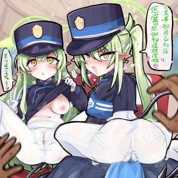 1boy 2girls alternate_language armband ass black_hat black_jacket blue_archive blue_armband blush breasts chinese_text demon_tail ear_blush gloves green_hair green_halo hair_between_eyes halo hat highres hikari_(blue_archive) jacket long_hair looking_at_viewer medium_breasts multiple_girls nipples nozomi_(blue_archive) pantyhose pointy_ears pussy shiming_liangjing siblings sisters speech_bubble spread_legs tail translation_request twins twintails v white_gloves white_pantyhose yellow_eyes