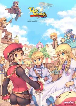 1girl 4leaf :d aqua_headband archived_source baby_animal badge belt beret black_boots black_gloves black_pants black_shirt black_shorts black_sleeves blue_dress blue_eyes blue_gloves blue_scarf blue_sky blue_sleeves boots bow braid breasts brick_wall brown_belt brown_cloak brown_coat brown_gloves brown_hair brown_skirt brown_sleeves capelet capelet_belt cat character_request cloak clock clock_tower closed_mouth clothes_lift cloud coat commentary commentary_request company_name constricted_pupils cross-laced_armwear dated_commentary day detached_sleeves dog dress dress_lift english_commentary english_text glasses gloves goggles goggles_on_head green_shirt hair_tie hat headband high_collar holding holding_polearm holding_sword holding_weapon ispin_charles jacket jellyppi knee_boots korean_text layered_dress layered_sleeves long_hair long_skirt long_sleeves longsword_goodnight looking_at_viewer loose_belt low-braided_long_hair low-tied_long_hair low_ponytail lucian_kaltz maximin_liebkne medium_breasts medium_dress mila_nebraska nayatrei nexon official_art opaque_glasses open_mouth orange_hair outdoors pants photoshop_(medium) pink_dress plain_epaulettes polearm ponytail puppy purple_bow red_bow red_hat red_jacket scarf shirt short_hair short_over_long_sleeves short_sleeves shorts signature single_braid sitting sivelin_uuo skirt sky sleeve_cuffs sleeveless sleeveless_jacket slime_(creature) small_pupils smile softmax stone_walkway striped_fur sweatdrop sword tales_weaver tassel tichiel_juspian tiv tongue torn_clothes torn_shirt tower town tunic twin_braids twintails very_long_hair watermark weapon web_address white_capelet white_coat white_gloves white_sleeves white_tunic