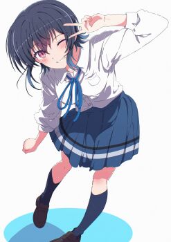 asanagi_umi black_shoes blue_hair blue_skirt blue_socks class_de_2-banme_ni_kawaii_onnanoko_to_tomodachi_ni_natta commentary_request grin highres kiriri_20 long_sleeves medium_hair multicolored_hair neck_ribbon one_eye_closed pleated_skirt ribbon school shirt shoes skirt smile socks two-tone_hair v white_background white_shirt