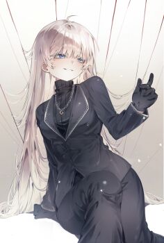 Rule 34 | 1girl, angelica (project moon), arm support, black gloves, black jacket, black pants, black sweater, blue eyes, commentary request, gloves, highres, jacket, jigwon noye, korean commentary, library of ruina, long hair, pants, parted lips, project moon, sitting, smile, solo, sweater, very long hair, white hair