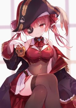 1girl black_thighhighs blurry blurry_background breasts cleavage commentary_request eyepatch hair_ornament hat highres hololive houshou_marine houshou_marine_(1st_costume) jacket long_hair looking_at_viewer medium_breasts mizumizu_(phoenix) navel pirate_hat red_eyes red_hair see-through_cleavage see-through_clothes sitting smile solo thighhighs twintails virtual_youtuber window