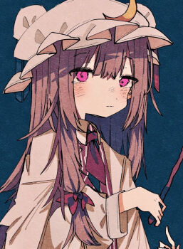 1girl blue_background blush closed_mouth commentary crescent crescent_hat_ornament expressionless hair_ribbon hands_up hat hat_ornament holding holding_stick long_hair long_sleeves looking_at_viewer mob_cap nacht_musik patchouli_knowledge pink_eyes purple_hair ribbon robe solo stick touhou upper_body white_robe