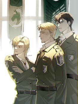 1girl 2boys absurdres annie_leonhart belt black_belt black_hair blonde_hair bolo_tie collared_shirt crossed_arms diaris115 facial_hair facial_mark green_jacket green_pants hair_between_eyes highres jacket marco_bott medium_hair military_jacket military_uniform multiple_boys mustache_stubble pants parted_bangs pennant reiner_braun shingeki_no_kyojin shirt short_hair stubble survey_corps_(emblem) twitter_username upper_body white_shirt