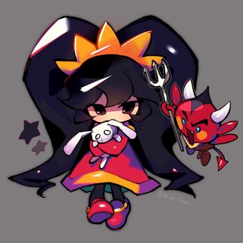 1girl akibevillage ashley_(warioware) big_hair black_hair dress hairband highres holding hugging_doll hugging_object long_hair long_sleeves nintendo orange_hairband pantyhose red_(warioware) red_dress red_eyes red_shoes shoes simple_background stuffed_animal stuffed_toy tiara twintails very_long_hair warioware