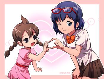 2girls artist_name black_eyes blue_eyes blue_hair border bow braid brown_hair brown_skirt closed_mouth commentary dress eyewear_on_head glasses gouenji_yuuka heart heart_hands heart_hands_duo highres inazuma_eleven_(series) long_hair looking_at_viewer lotto6100 medium_hair multiple_girls one_eye_closed open_mouth orange_bow otonashi_haruna outline pink_border pink_dress puffy_short_sleeves puffy_sleeves red-framed_eyewear school_uniform shirt short_hair short_sleeves skirt smile twin_braids twitter_username white_background white_outline white_shirt