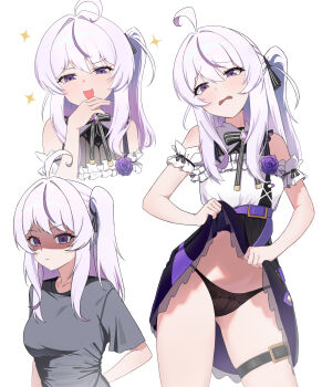 1girl absurdres ahoge black_panties black_skirt breasts buta_dong character_request clothes_lift clothing_cutout commentary copyright_request embarrassed english_commentary grey_shirt hand_up highres lifting_own_clothes long_hair looking_at_viewer multiple_views one_side_up open_mouth panties purple_eyes raised_inner_eyebrows shirt short_sleeves shoulder_cutout simple_background skirt skirt_lift smile t-shirt underwear white_background white_hair white_shirt