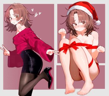 Rule 34 | 1girl, absurdres, arm tattoo, black pantyhose, black skirt, blush, breasts, brown eyes, brown hair, censored, censored feet, flower tattoo, from side, hat, heart, high heels, highres, knees up, medium hair, mosaic censoring, ms. tsu, multiple views, naked ribbon, nude, original, pantyhose, paw pose, purple background, purple shirt, ribbon, santa hat, shirt, sitting, skirt, small breasts, tattoo, v