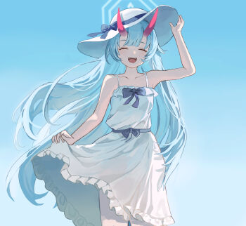 1girl :d ^_^ absurdres alternate_costume alternate_hairstyle arm_up black_bow blue_archive blue_background blue_hair blue_hat blunt_bangs bow center-flap_bangs chise_(blue_archive) closed_eyes collarbone commentary cowboy_shot demon_girl demon_horns dress dress_bow facing_viewer floating_hair frilled_dress frills gradient_background hair_down happy hat hat_bow highres horns korean_commentary long_hair oni open_mouth parram77 red_horns shorts sidelighting sidelocks simple_background skirt_hold sleeveless sleeveless_dress smile sun_hat sundress very_long_hair white_dress white_hat