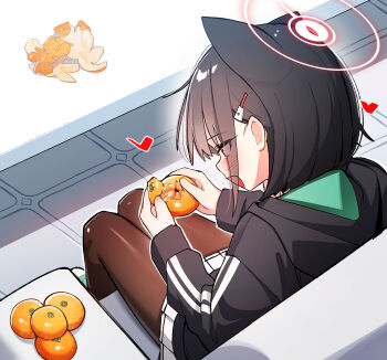1girl absurdres animal_ears black_hair black_jacket blue_archive brown_pantyhose cat_ears couch extra_ears food from_above fruit hair_ornament hairclip halo heart highres hood hood_down hooded_jacket jacket kazusa_(blue_archive) long_sleeves mandarin_orange open_mouth pantyhose peeling pink_halo short_hair sitting smile solo table whonyang