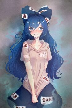 1girl absurdres arm_behind_back averting_eyes black_skirt blue_bow blue_eyes blue_hair blush bow breasts clenched_teeth collarbone commentary_request cowboy_shot drawstring embarrassed grey_background grey_hoodie hair_bow highres hood hood_down hoodie hoodie_tug long_hair looking_to_the_side nywerya open_mouth short_sleeves signature skirt small_breasts solo standing swept_bangs teeth touhou very_long_hair wavy_hair yorigami_shion