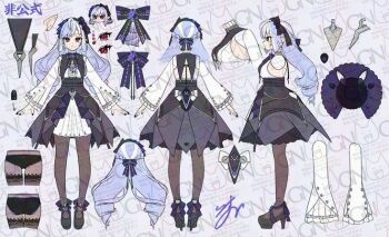 ahoge black_nails black_pantyhose drill_hair gem pantyhose platform_heels pointy_ears purple_hair red_eyes reference_sheet shrug_(clothing) twin_drills vivian_banshee zenless_zone_zero