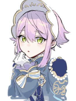 1boy androgynous blue_jacket bonnet classic_lolita crossdressing crossdressing_(mtf) ensemble_stars! gloves green_eyes highres hime_lolita himemiya_tori jacket lolita_fashion long_sleeves looking_at_viewer male_focus parted_lips pink_hair sketch solo sushi_171 white_background white_gloves