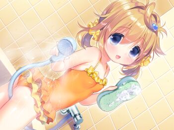 1girl :d ass bathroom blonde_hair blue_eyes blush breasts chishima_mako collarbone covered_erect_nipples cowboy_shot dutch_angle fang game_cg hair_between_eyes holding holding_shower_head holding_sponge indoors loli medium_hair non-web_source one-piece_swimsuit open_mouth orange_one-piece_swimsuit piyodera_mucha shower_head small_breasts smile solo soushisouai_lolita_no_seikatsu sponge swimsuit tile_wall tiles variant_set water