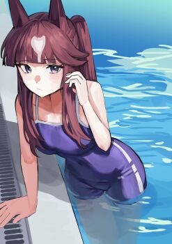 1girl animal_ears bare_shoulders blue_eyes blue_one-piece_swimsuit blunt_bangs blush breasts brown_hair closed_mouth commentary_request competition_school_swimsuit hair_between_eyes highres horse_ears horse_girl long_hair looking_at_viewer lucky_lilac_(umamusume) medium_breasts multicolored_hair no_tail one-piece_swimsuit playing_with_hair pool poolside school_swimsuit side_ponytail single_vertical_stripe solo solokitsune swimsuit tracen_swimsuit umamusume water