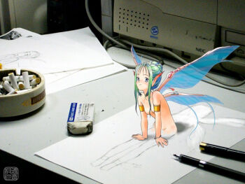 1girl armlet ashtray blush breasts commentary_request computer elf eraser fairy_wings green_eyes interactive_media jewelry looking_at_viewer mechanical_pencil mini_person minigirl mixed_media nude original pencil photo_background pointy_ears sidelocks small_breasts solo wings yukiyoshi