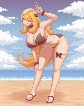 1girl alternate_breast_size_(larger) beach bent_over black_nails blonde_hair breasts carrion_art cleavage cloud commentary curvy cynthia_(pokemon) day english_commentary full_body fur_collar fur_cuffs grey_eyes hair_over_one_eye hand_on_own_knee highres huge_breasts long_hair nail_polish navel nintendo outdoors pokemon pokemon_dppt sandals solo stomach thigh_strap thighs toenail_polish toenails very_long_hair w wide_hips