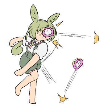 1girl alarm_clock analog_clock barefoot bow bowtie clock commentary_request failure full_body green_hair green_shorts in_the_face kamemaru91 long_hair low_ponytail pea_pod pink_bow pink_bowtie ponytail puffy_short_sleeves puffy_sleeves ricocheting shirt short_sleeves shorts simple_background solo standing suspenders throwing transparent_background voiceroid voicevox white_shirt zundamon