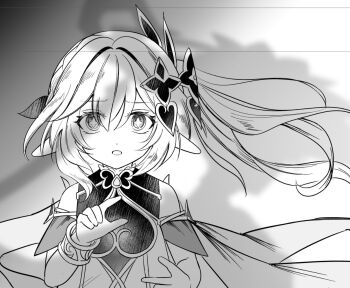 1girl armlet bracelet cape caramelo_game cross-shaped_pupils detached_sleeves dress eyelashes finger_frame genshin_impact greyscale hair_ornament half_crown_braid hands_up heart heart_hair_ornament jewelry leaf leaf_hair_ornament light_frown long_hair looking_at_viewer monochrome nahida_(genshin_impact) open_mouth pointy_ears scaramouche_(genshin_impact) shadow side_ponytail sidelocks symbol-shaped_pupils upper_body wanderer_(genshin_impact)