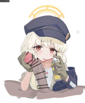 1boy 1girl aoba_(blue_archive) bar_censor black_hat blonde_hair blue_archive blue_jacket blush brown_gloves camisole can censored collarbone erection gloves halo hat hetero holding holding_can jacket jacket_partially_removed large_penis loli long_hair long_sleeves looking_at_viewer open_mouth peaked_cap penis penis_grab red_eyes simple_background solo_focus spray_can sweatdrop wd-40 white_background white_camisole wittmann_(ehvr8373) yellow_halo