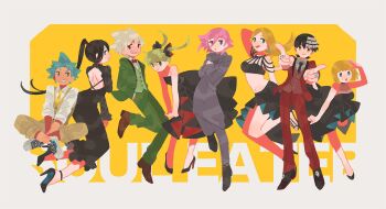 alternate_costume arched_back arm_behind_head back backless_dress backless_outfit bent_over black_dress black_hair black_necktie black_ribbon black_skirt black_star blonde_hair blue_eyes blue_skirt bow bowtie breasts brown_pants brown_vest collared_shirt copyright_name crona_(soul_eater) crop_top death_the_kid dress earrings elizabeth_thompson formal_clothes green_eyes green_jacket green_pants green_suit green_vest grey_pants grey_sweater grin hair_ribbon hands_in_pockets hands_on_own_chest high_heels high_ponytail highres hobble_dress jacket jewelry jitome knee_up long_dress long_hair long_skirt looking_at_viewer looking_back lotus_position maka_albarn nakatsukasa_tsubaki navel necktie no_sclera outstretched_arms pants pants_rolled_up pink_hair ponytail red_bow red_bowtie red_eyes red_pants red_suit red_vest ribbon ro_(tuyu_416) salute sharp_teeth shirt shoes sidelocks skirt skull_ring sleeves_rolled_up smile sneakers soul_eater soul_evans sphere_earrings spiked_hair stiletto_heels strapless strapless_dress striped_hair suit sweater sweater_dress teeth twintails two-sided_fabric two-sided_skirt vest waistcoat white_hair white_shirt yellow_necktie