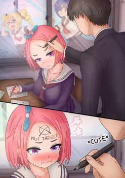 1boy 3girls absurdres blonde_hair blue_hair blush body_writing cerb_(kaschmatz) desk drill_hair english_text highres joko_(jokilart) kaschmatz matz_(kaschmatz) multiple_girls original pen pink_hair purple_eyes running school_desk school_uniform serafuku twin_drills window