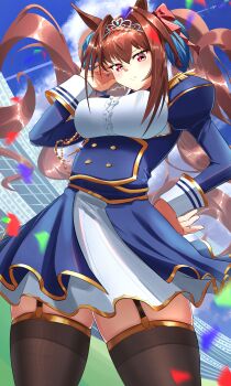 1girl absurdres animal_ears black_garter_straps blue_sky breasts brown_hair brown_thighhighs center_frills commentary_request confetti cowboy_shot daiwa_scarlet_(umamusume) day dutch_angle eiryu33 epaulettes framed_breasts frills from_below garter_straps gold_trim hair_between_eyes hair_intakes highres horse_ears horse_girl large_breasts long_hair looking_at_viewer looking_down outdoors red_eyes school_uniform sky solo thighhighs tiara tracen_school_uniform umamusume very_long_hair zettai_ryouiki