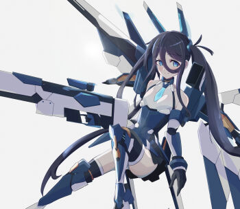 1girl absurdres aris_(armed)_(blue_archive) aris_(blue_archive) bare_shoulders black_gloves black_hair blue_archive blue_boots blue_eyes blue_leotard blue_necktie blush boots closed_mouth commentary detached_sleeves gloves gun hair_between_eyes highres holding holding_gun holding_weapon knee_boots leotard long_hair looking_at_viewer mecha_musume necktie official_alternate_costume official_alternate_hairstyle rifle smile solo twintails uonun_illust weapon