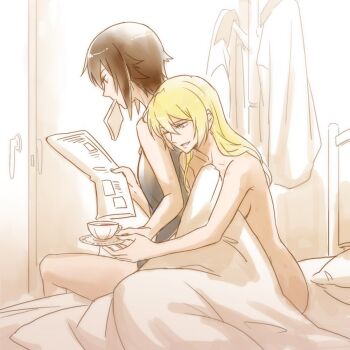 2girls ;d blue_eyes bread bread_slice breasts brown_eyes brown_hair commentary_request covered_erect_nipples cup darjeeling_(girls_und_panzer) food food_in_mouth girls_und_panzer holding holding_cup holding_newspaper indoors large_breasts long_hair multiple_girls newspaper nishizumi_maho nude on_bed one_eye_closed open_mouth partially_colored reading short_hair sitting smile teacup yohchi yuri