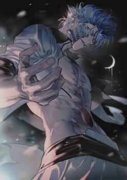1boy absurdres arrancar bikkusama bleach blue_eyeliner blue_eyes blue_hair bone eyeliner grimmjow_jaegerjaquez hair_between_eyes highres hole_in_stomach hole_on_body hollow_(bleach) hollow_mask jacket makeup male_focus open_clothes scar scar_on_chest short_hair solo