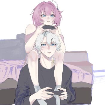 1boy 1girl bed black_shirt blue_eyes commentary controller couple cyrene_(aedes_elysiae)_(honkai:_star_rail) cyrene_(honkai:_star_rail) game_controller gold_tattoo grey_socks gux05886478 hair_ornament hetero highres holding holding_controller holding_game_controller honkai:_star_rail honkai_(series) indoors neck_tattoo parted_lips phainon_(honkai:_star_rail) pink_hair playing_games shirt short_hair sitting_on_shoulder socks symbol-only_commentary tattoo white_hair