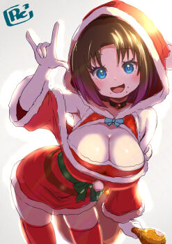 armpits bare_shoulders black_hair blue_eyes breasts chicken_(food) chicken_leg cleavage dress elma_(maidragon) food happy holding holding_food hood hoodie kobayashi-san_chi_no_maidragon looking_at_viewer open_mouth reiwa_rerere santa_costume santa_dress short_dress short_hair smile thighhighs