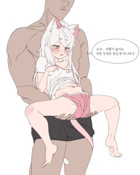 1boy 1girl absurdres ahoge animal_ear_fluff animal_ears barefoot blush boxer_briefs brown_eyes carrying carrying_person cat_ears cat_girl cat_tail clothes_lift dark-skinned_male dark_skin faceless faceless_male feet gya_rb hands_on_another&#039;s_ass highres kommy_(trickcal) korean_text legs loli long_hair male_underwear navel off_shoulder open_mouth pink_shorts shirt shirt_lift short_shorts shorts soles stomach tail tail_around_another&#039;s_leg tail_wrap thighs toes topless_male translation_request trickcal underwear white_hair white_shirt