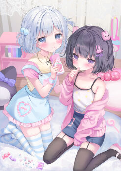 2girls absurdres beads bib_collar black_hair black_thighhighs blue_eyes blue_hair blue_overalls blue_skirt blue_thighhighs bon_bon book bookshelf bow candy cardigan collarbone commentary_request drink_carton fingernails flat_chest food frilled_skirt frills full_body hair_beads hair_ornament hand_up heisei_retro highres holding holding_juice_box jacket jacket_partially_removed jojifuku juice_box kabashima_hana kneeling lace lollipop looking_at_viewer medium_hair multiple_girls open_mouth original overall_skirt overalls pink_bow pink_cardigan pink_shirt pink_shoes polka_dot purple_eyes rabbit_hair_ornament shirt shoes sitting skindentation skirt striped_clothes striped_thighhighs swirl_lollipop thighhighs thumb_sucking two-tone_shirt two_side_up white_shirt yellow_shirt